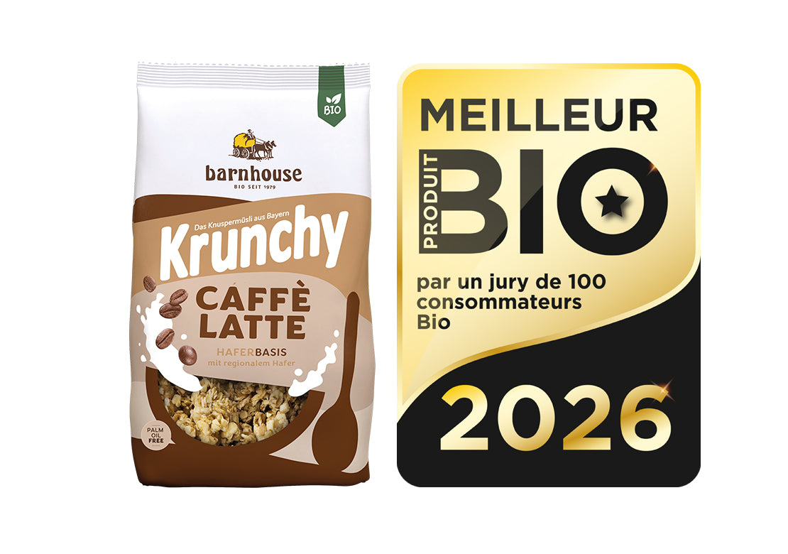 Packshot von Krunchy Caffè Latte, daneben das französische Siegel für "Bestes Bio 2026".