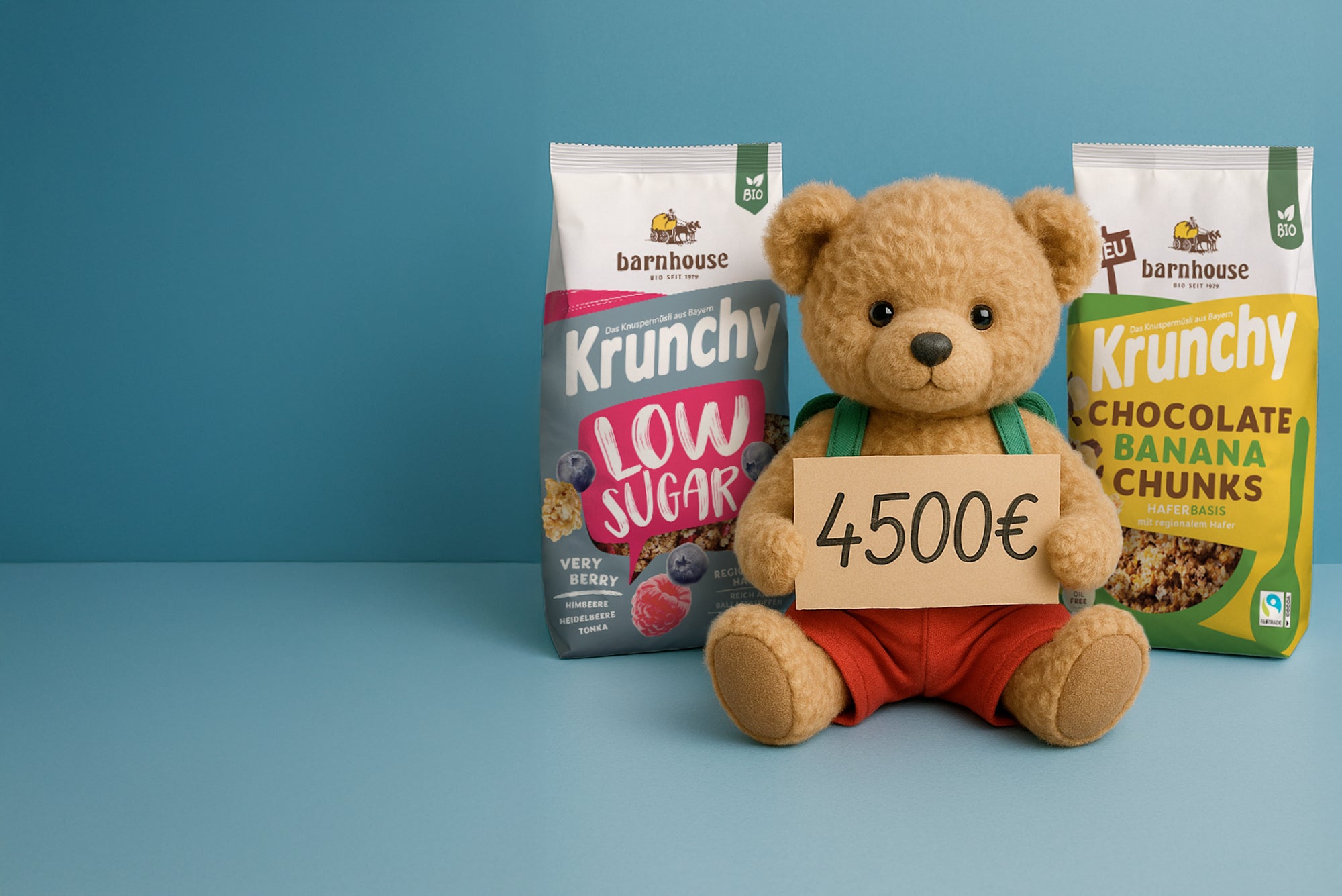Süßer Teddybär in roter Hose, der vor einem blauen Hintergrund sitzt und ein Schild mit der Aufschrift "4500€" hält. Dahinter stehen zwei Krunchy-Beutel Low Sugar Very Berry (links) und Chocolate Banana Chunks (rechts).