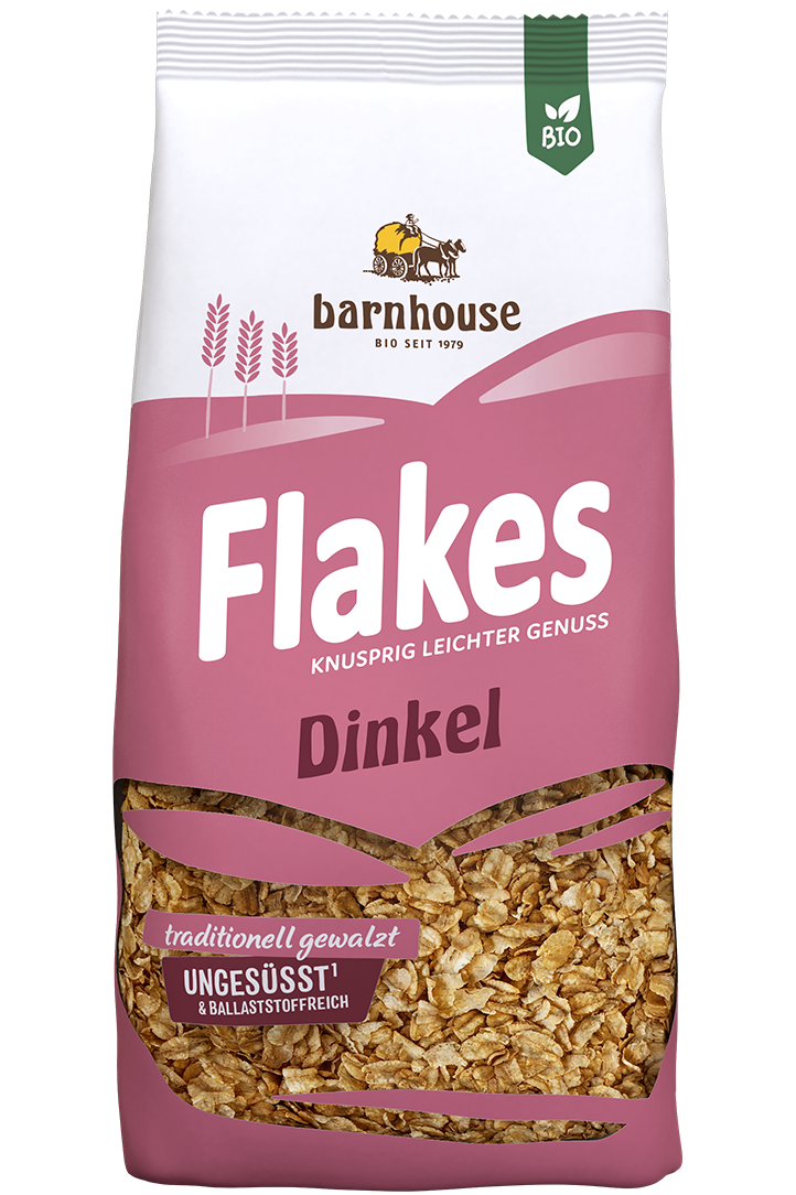 Packshot von Flakes Dinkel des Bio-Knuspermüsli-Herstellers Barnhouse