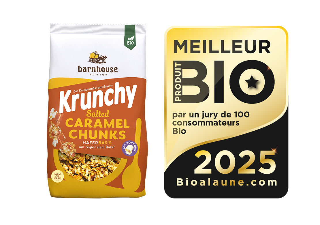 Packshot von Krunchy Salted Caramel Chunks, daneben das Siegel für "Bestes Bio 2025" in Frankreich.