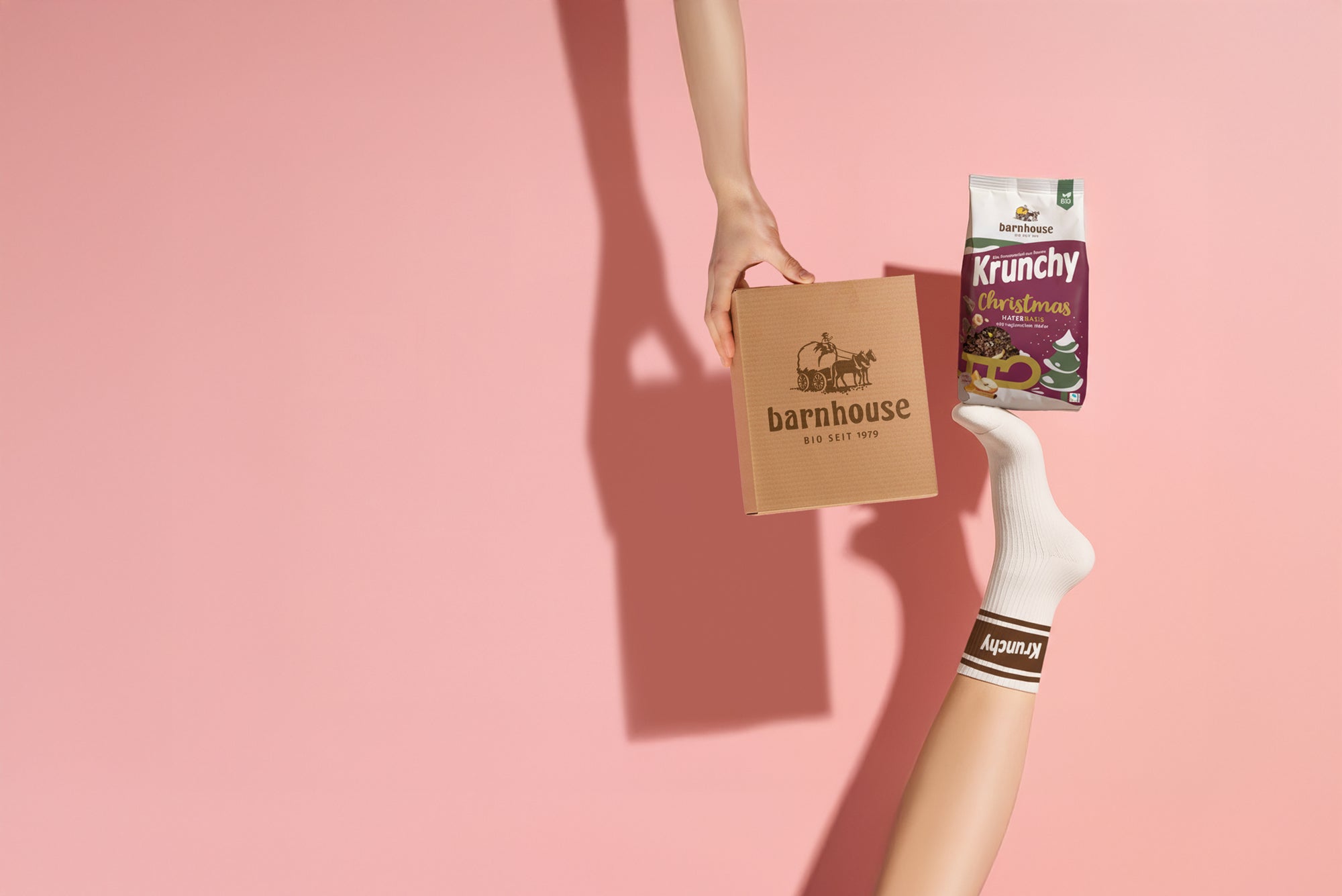 Hand vor einem rosa Hintergrund, die einen braunen Karton mit Barnhouse Logo hält. Daneben ein Fuß mit weiß-brauner Barnhouse-Socke, dir einen Beutel Krunchy Christmas balanciert.