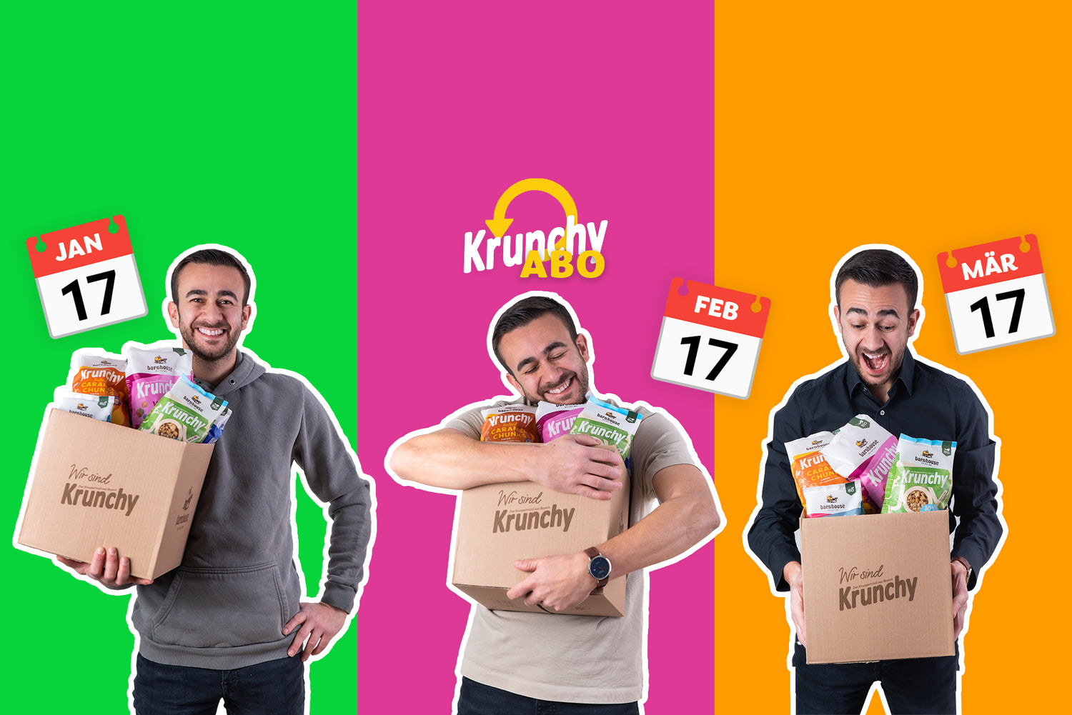 Dreigeteiltes Bild. Links steht Dani im grauen Hoodie vor grünem Hintergrund und einem Kalender-Icon vom 17. Januar. In der rechten Hand hält er einen Karton mit Krunchy. In der Mitte umarmt er im T-Shirt einen Krunchy-Karton, über ihm das "Krunchy Abo" Logo und ein Kalender-Icon vom 17. Februar. Rechts hält er im Hemd mit beiden Händen einen Krunchy-Karton. Daneben ein Kalender-Icon vom 17. März. Er ist auf allen 3 Bildern überglücklich.
