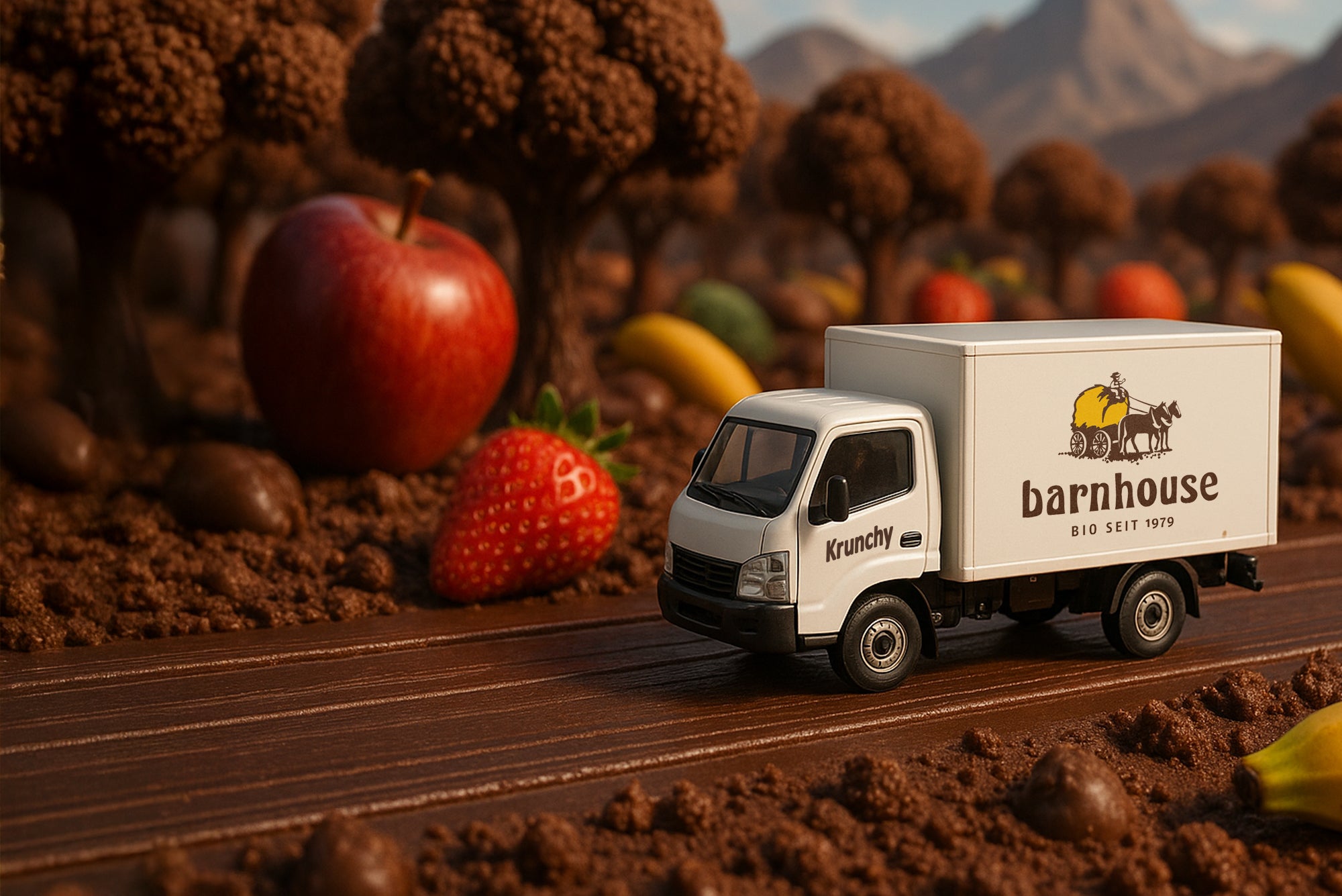 Weißer Lieferwagen mit Barnhouse-Logo und Krunchy-Aufschrift, der auf einer braunen Schoko-Straße durch eine schokoladige Landschaft mit braunen Bäumen, Äpfeln, Bananen und Erdbeeren fährt.