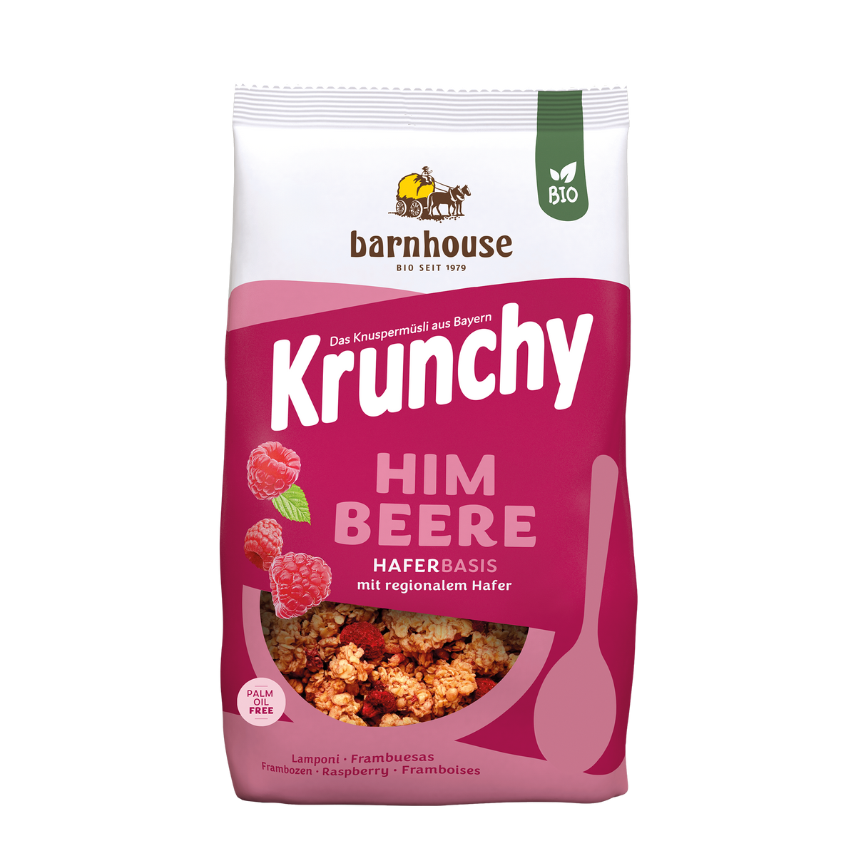 Packshot vom beerenfarbenen Beutel Krunchy Himbeere von Bio-Knuspermüsli-Hersteller Barnhouse