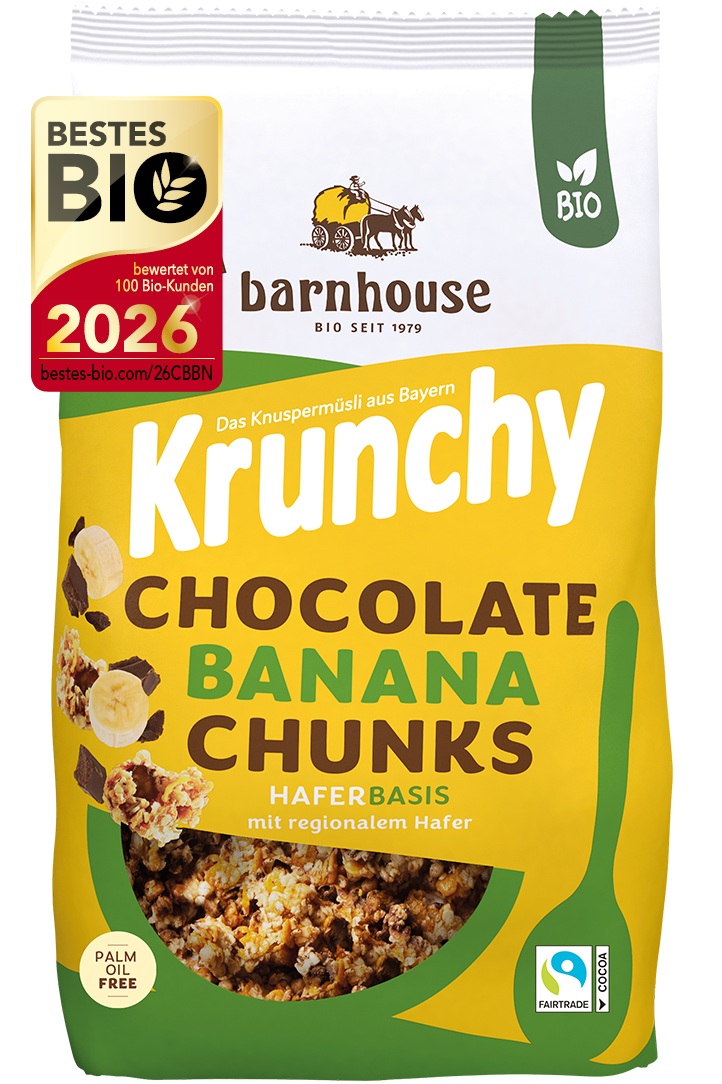 Packshot von Krunchy Chocolate Banana Chunks des Bio-Knuspermüsli-Herstellers Barnhouse mit dem Label "Bestes Bio 2026"