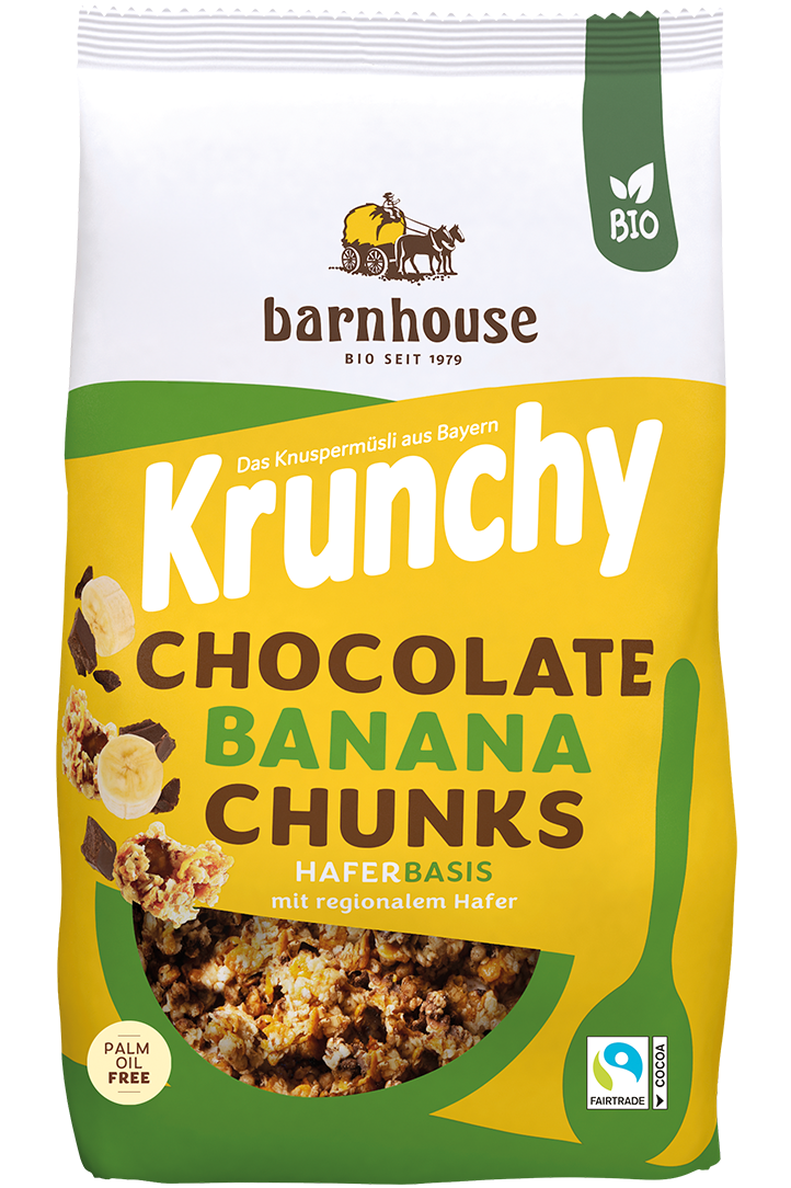 Packshot von Krunchy Chocolate Banana Chunks des Bio-Knuspermüsli-Herstellers Barnhouse