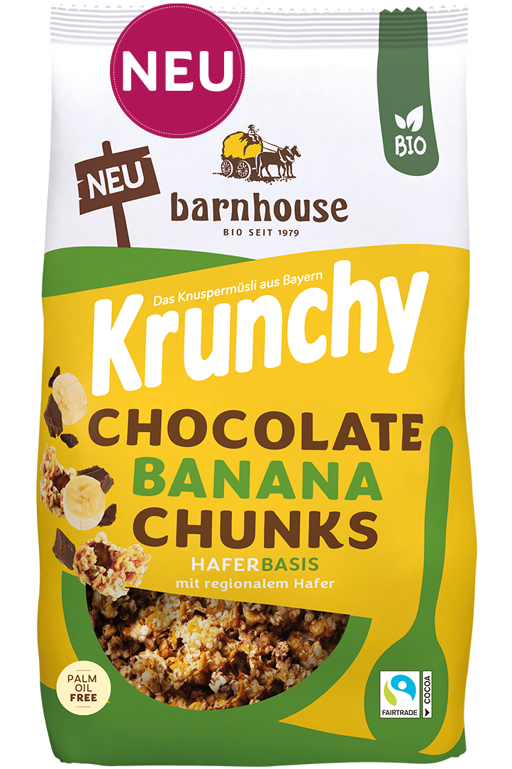 Packshot von Krunchy Chocolate Banana Chunks des Bio-Knuspermüsli-Herstellers Barnhouse