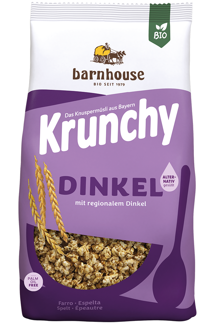 Packshot von Krunchy Dinkel alternativ gesüßt des Bio-Knuspermüsli-Herstellers Barnhouse