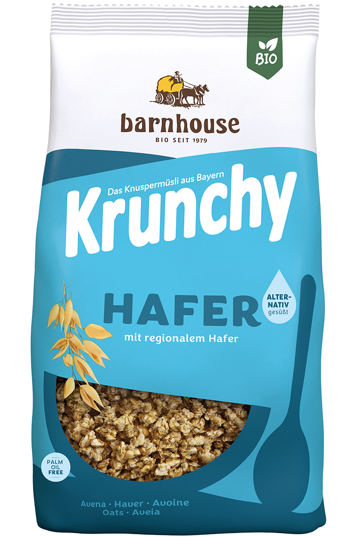 Packshot von Krunchy Hafer alternativ gesüßt des Bio-Knuspermüsli-Herstellers Barnhouse