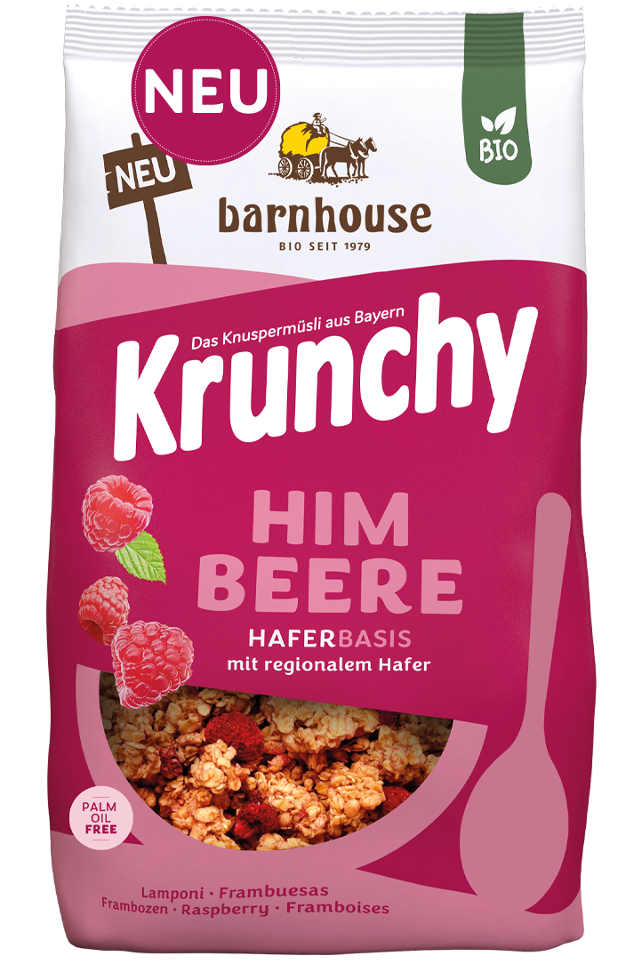 Packshot vom beerenfarbenen Beutel Krunchy Himbeere von Bio-Knuspermüsli-Hersteller Barnhouse mit Neu-Button