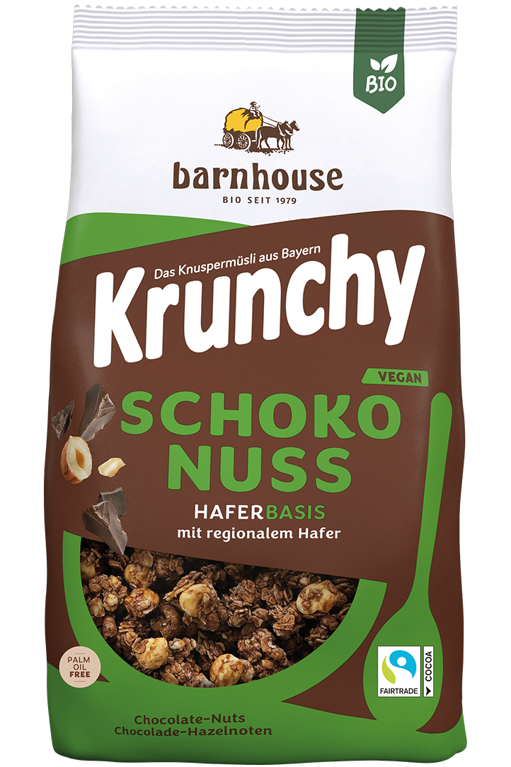 Packshot von Krunchy Schoko-Nuss des Bio-Knuspermüsli-Herstellers Barnhouse