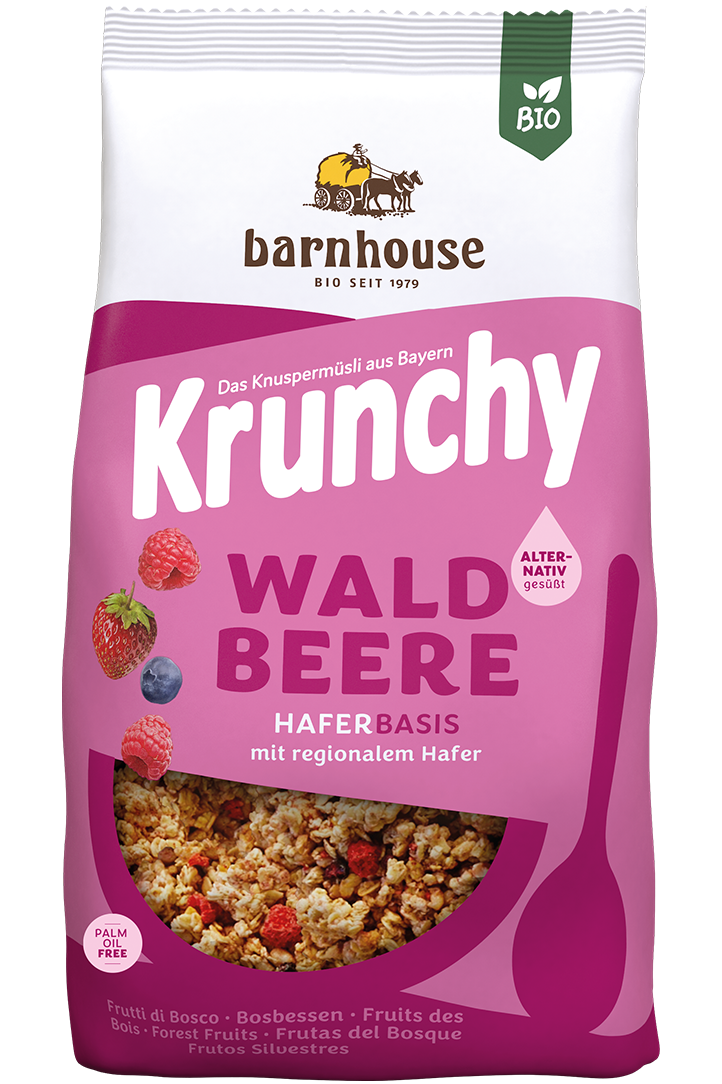 Packshot von Krunchy Waldbeere alternativ gesüßt des Bio-Knuspermüsli-Herstellers Barnhouse