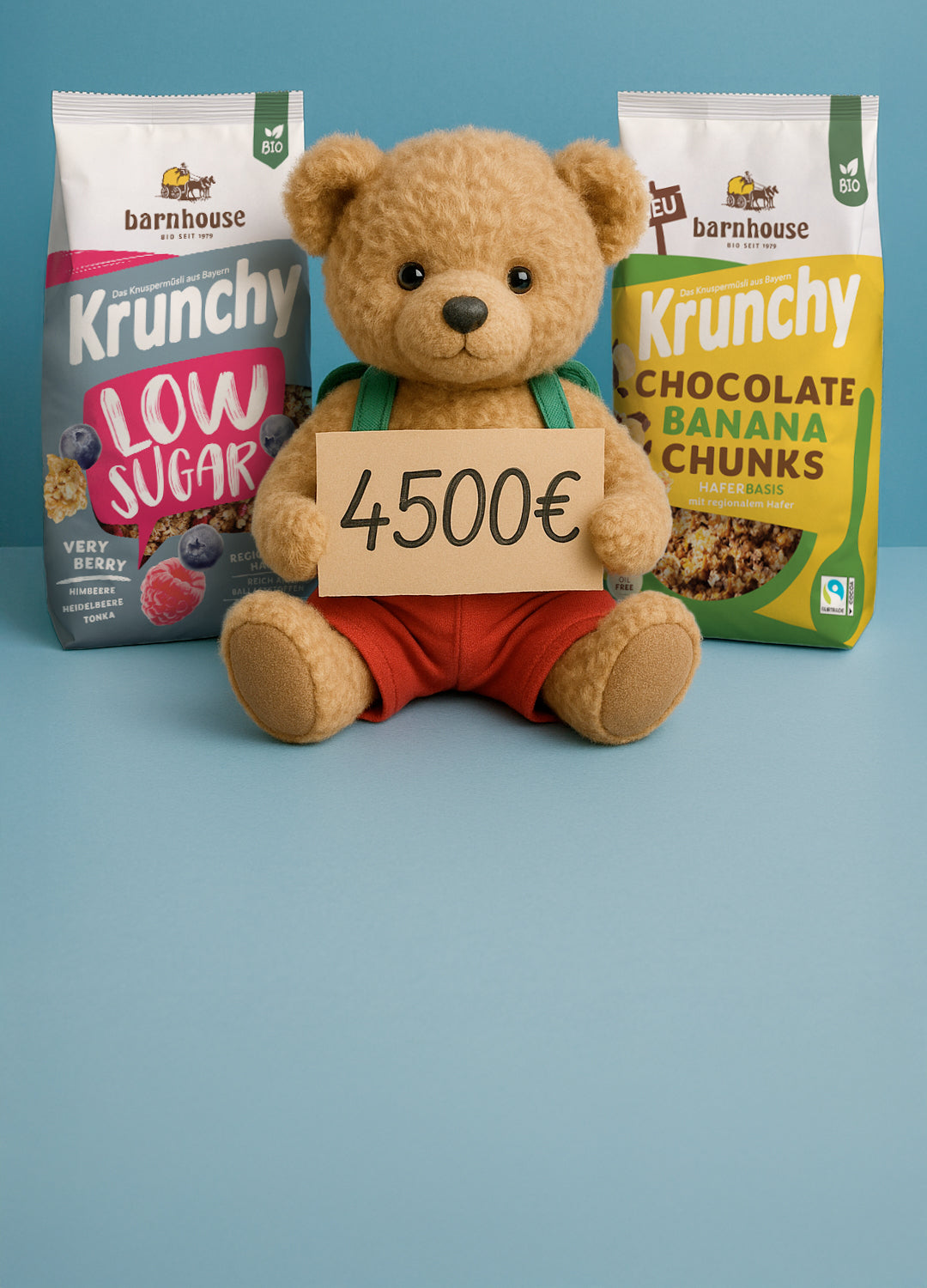 Süßer Teddybär in roter Hose, der vor einem blauen Hintergrund sitzt und ein Schild mit der Aufschrift "4500€" hält. Dahinter stehen zwei Krunchy-Beutel Low Sugar Very Berry (links) und Chocolate Banana Chunks (rechts).