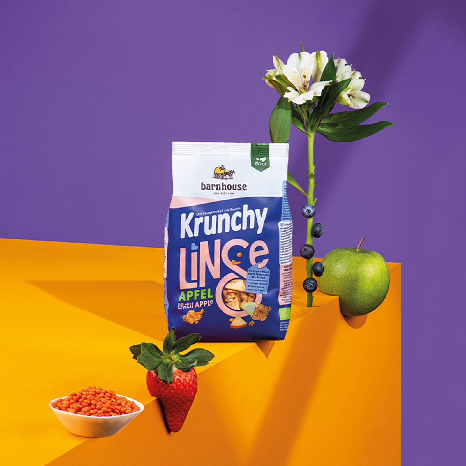 Oranger Würfel, der vor einem violetten Hintergrund steht. An der Kante des Würfels steht ein blauer Beutel von Krunchy Linse mit Apfel von Bio-Knuspermüsli-Hersteller Barnhouse. Außerdem hängen noch ein grüner Apfel und eine frische Erdbeere an der Würfelkante. Daneben stehen noch eine weiße Schale mit roten Linsen und eine Blume mit weißen Blüten und Heidelbeeren am Stiel.