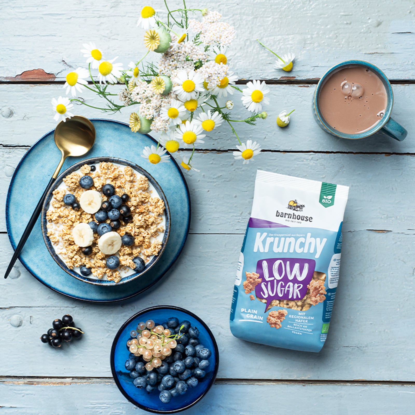 Blick von oben auf einen lila-weiß-blauen Beutel Krunchy Low Sugar Plain von Bio-Knuspermüsli-Hersteller Barnhouse auf einem blau gestrichenen Holztisch. Darüber eine blaue Tasse mit heißer Schokolade & ein Strauß Gänseblümchen. Am unteren Bildrand steht ein blauer Teller mit Heidelbeeren & weißen Johannisbeeren, daneben liegen noch schwarze Johannisbeeren. Links regt eine Schüssel mit dem zuckerarmen Krunchy, Milch, Heidelbeeren und Bananen Appetit an, die mit einem Löffel auf einem Unterteller steht.