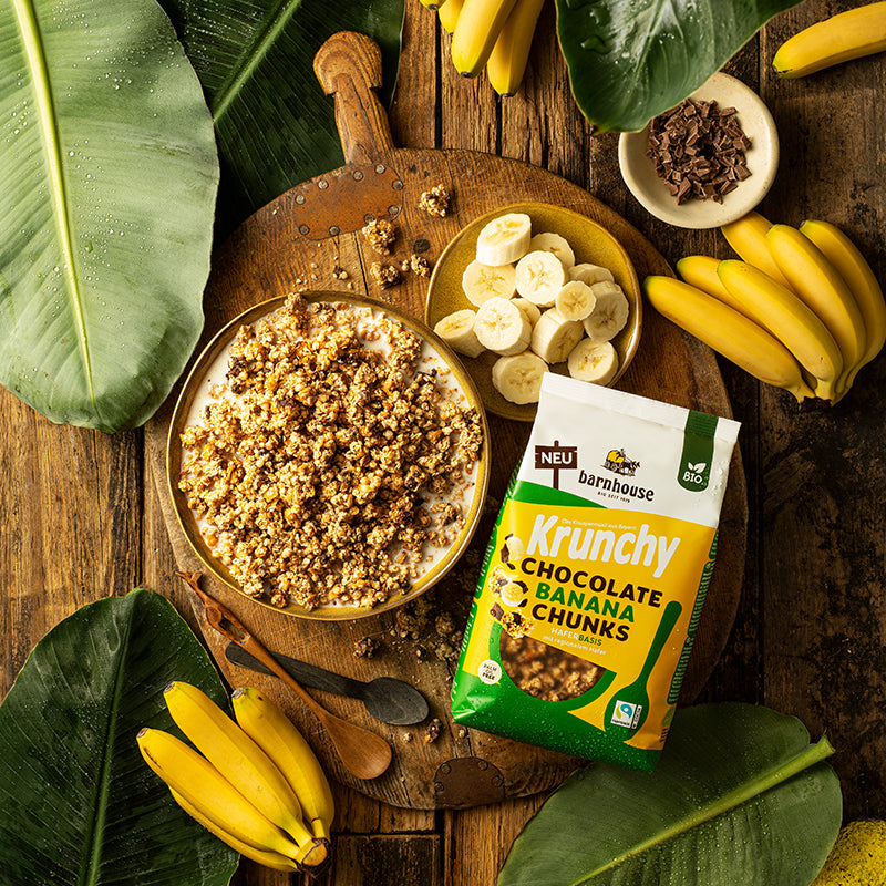 Beutel Krunchy Chocolate Banana Chunks von Bio-Knuspermüsli-Hersteller Barnhouse, der gemeinsam mit einer Schüssel dieses Müslis, paar weiteren Clustern, 2 Löffeln und einer Schale mit Bananenscheiben auf einer Holzplatte liegt. Darunter ein brauner Holztisch, auf dem zudem noch einige Bananen, eine Schale mit Schoko-Stückchen sowie riesige Blätter einer grünen Pflanze liegen.