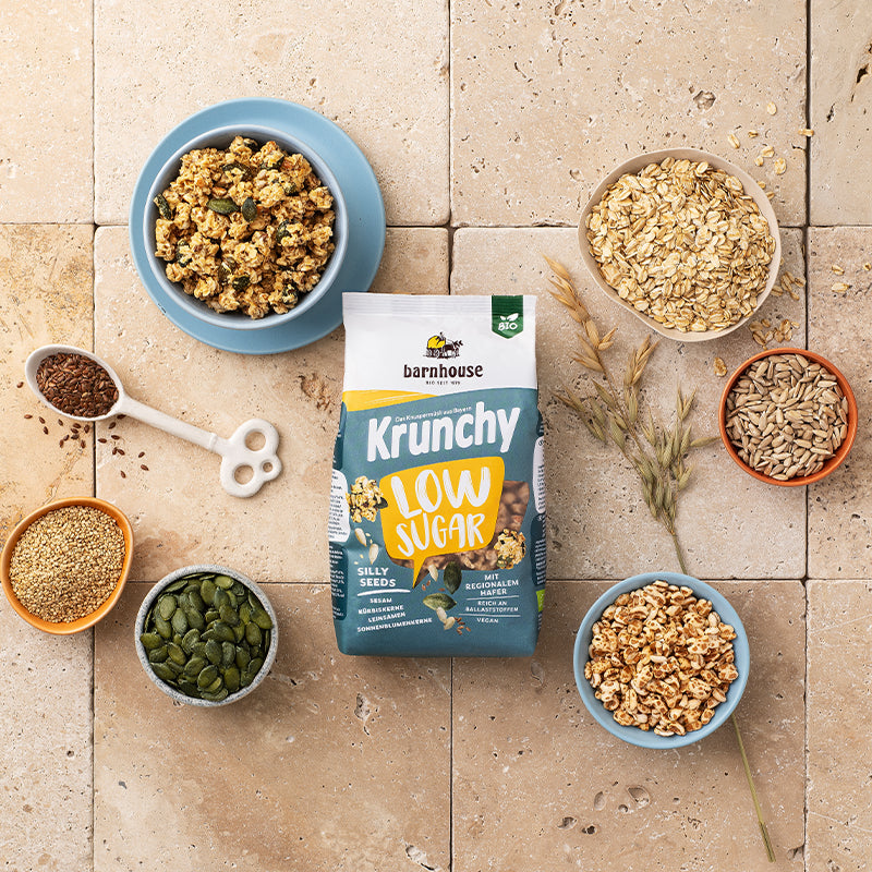Blick von oben auf einen gelb-weiß-blauen Beutel Krunchy Low Sugar Silly Seeds von Bio-Knuspermüsli-Hersteller Barnhouse auf bräunlichen Fliesen. Außenrum stehen fünf verschiedenfarbige Schalen mit den Zutaten Sesam, Kürbiskerne, Sonnenblumenkerne, gepuffter Dinkel, & Haferflocken sowie ein weißer Löffel wie von einem Schloss mit Leinsamen. Eine weitere Schale mit blauem Unterteller ist mit dem zuckerarmen Knuspermüsli befüllt. Ein Haferhalm liegt auch dabei.