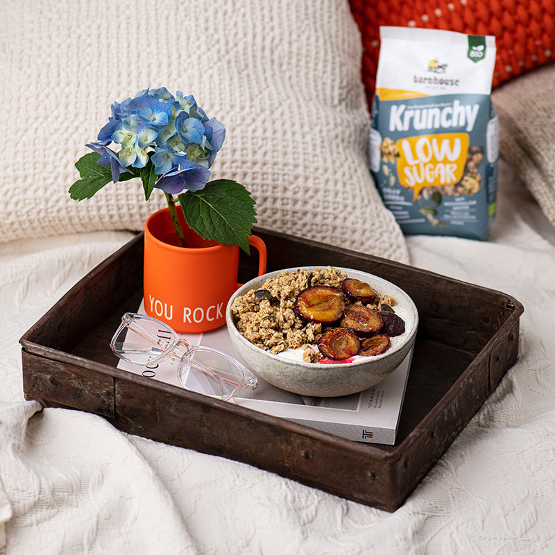 Kuschelige Couch, auf der ein gelb-weiß-blauer Beutel Krunchy Low Sugar Silly Seeds von Bio-Knuspermüsli-Hersteller Barnhouse zwischen einem roten und einem weißen Strickkissen steht. Vorne steht ein braunes Tablett auf einer weißen Decke. Dort drin liegt ein Buch, auf dem eine Brille, eine "YOU ROCK" Tasse mit blauer Blume und eine Müslischale stehen. Die Schüssel ist mit Milch und dem zuckerarmen Müsli gefüllt, als Topping liegen geschnittene Pflaumen oben drauf.