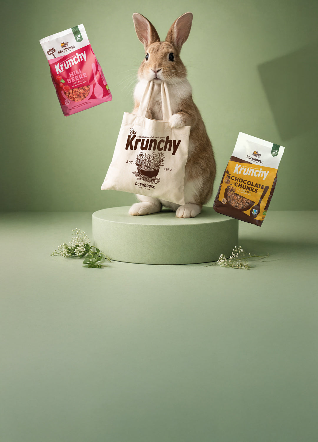 Süßer, weiß-brauner Hase, der auf einem grünen Podest steht und mit seinem Mund einen Krunchy Stoffbeutel trägt. Neben ihm eine Packung Krunchy Himbeere sowie Chocolate Chunks.