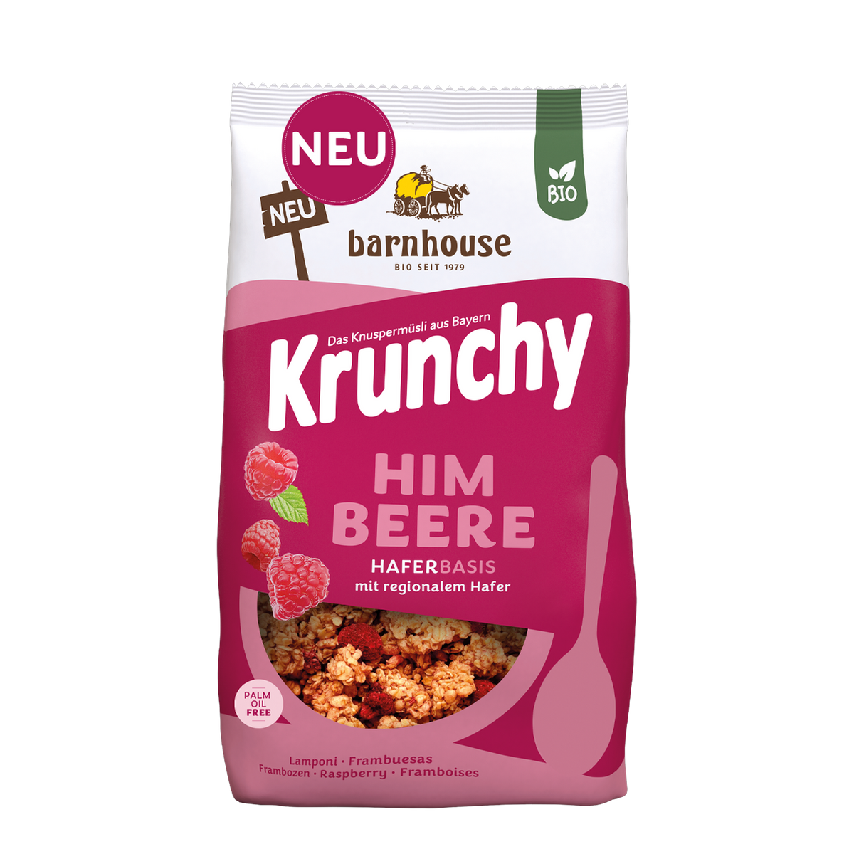 Packshot vom beerenfarbenen Beutel Krunchy Himbeere von Bio-Knuspermüsli-Hersteller Barnhouse mit Neu-Button
