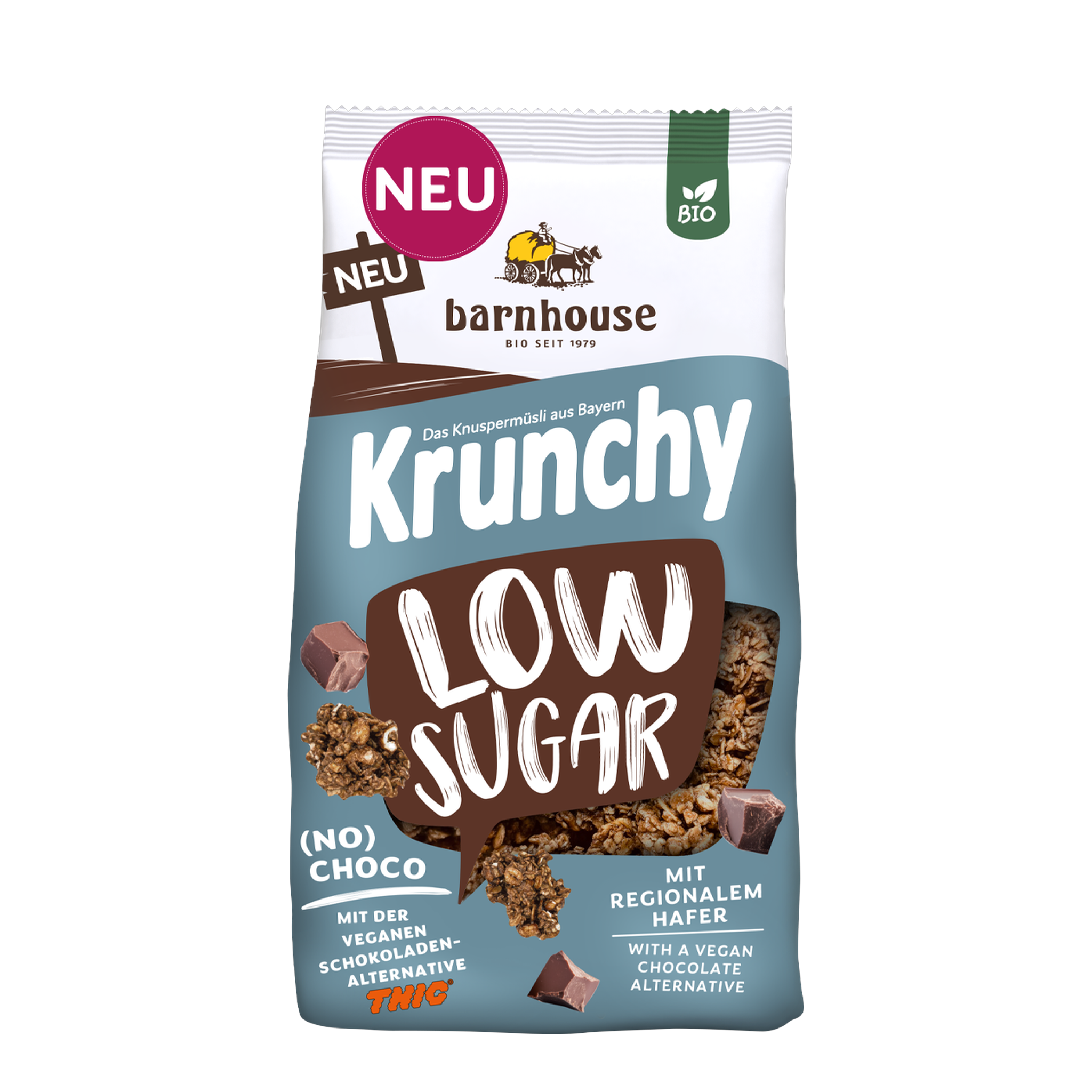 Packshot vom blau-braunen Beutel Krunchy Low Sugar (No) Choco von Bio-Knuspermüsli-Hersteller Barnhouse mit Neu-Button