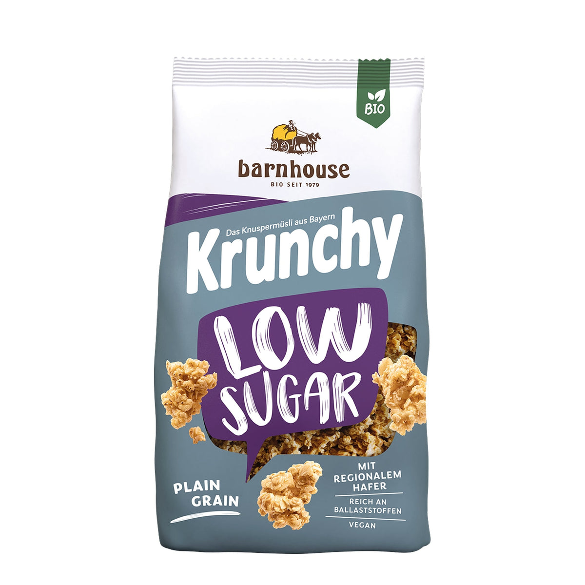 Packshot von Krunchy Low Sugar Plain Grain des Bio-Knuspermüsli-Herstellers Barnhouse