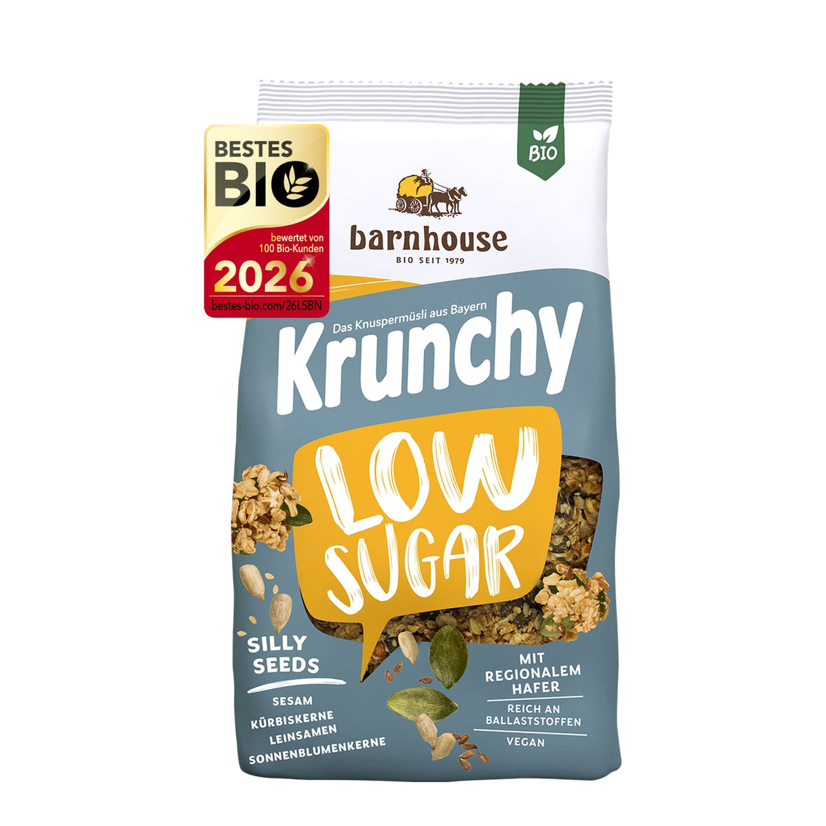 Packshot von Krunchy Low Sugar Silly Seeds des Bio-Knuspermüsli-Herstellers Barnhouse mit dem Label "Bestes Bio"