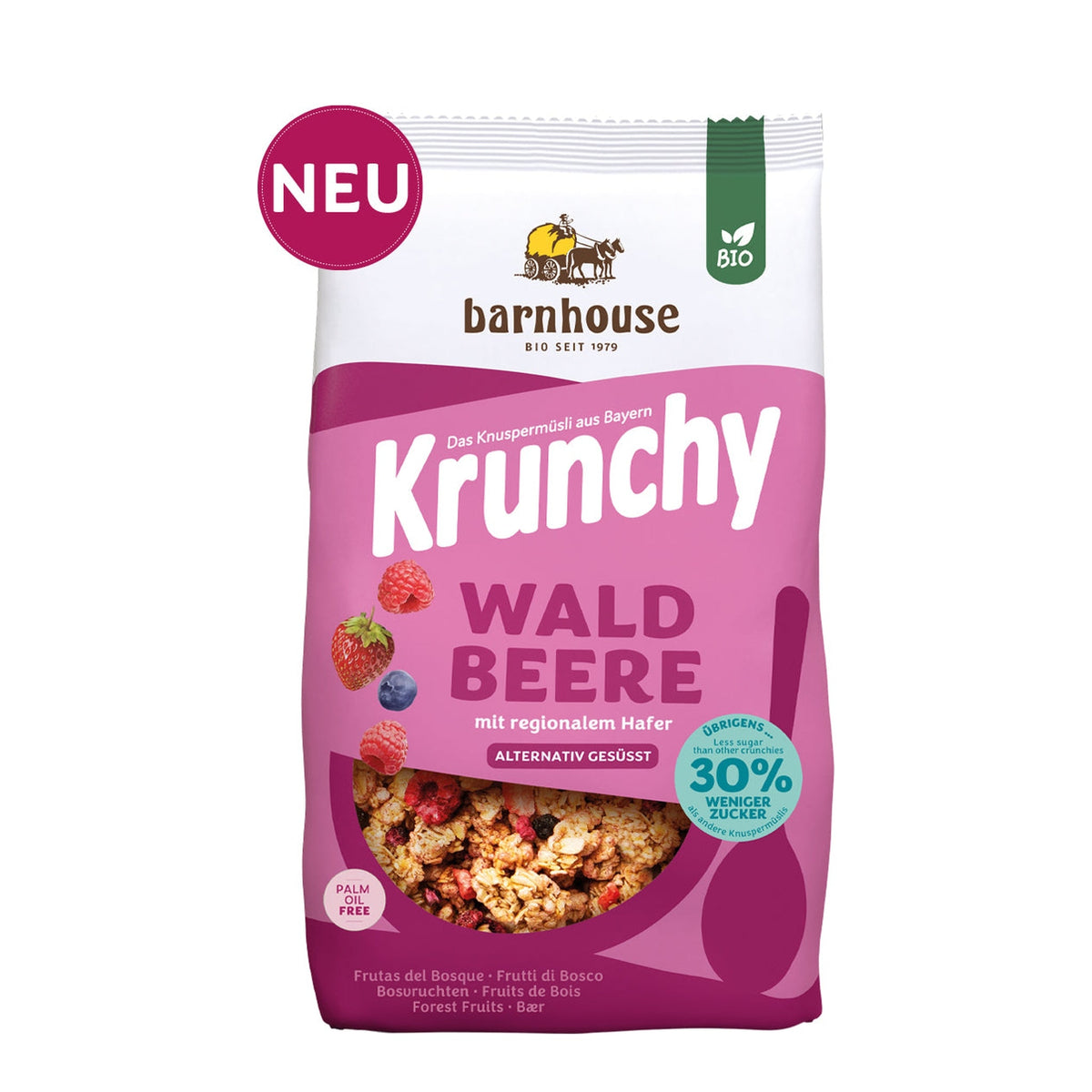 Packshot vom beerenfarbenen Beutel Krunchy Waldbeere weniger Zucker von Bio-Knuspermüsli-Hersteller Barnhouse mit Neu-Button