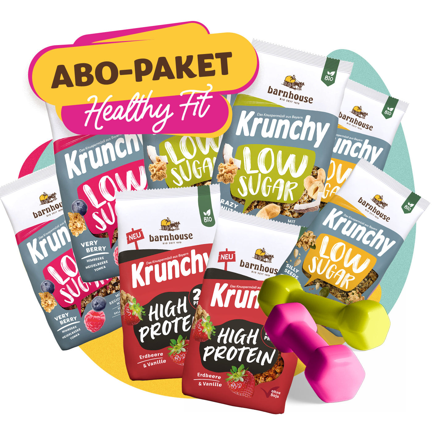 Bild mit allen Packshots der Krunchys, die im Abo-Paket Healthy Fit enthalten sind. Je 2 Beutel von Krunchy Low Sugar Very Berry 375g, Krunchy Low Sugar Crazy Nuts 375g, Krunchy Low Sugar Silly Seeds 375g, und Krunchy High Protein 450g
