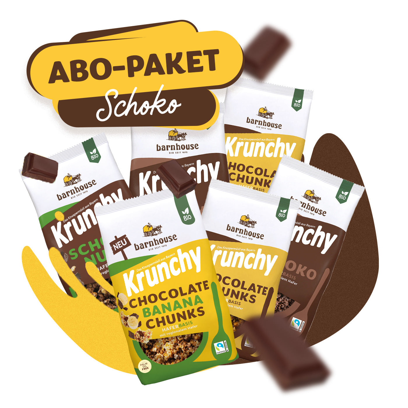 Bild mit allen Packshots der Krunchys, die im Abo-Paket Schoko enthalten sind: 2x Krunchy Schoko 750g, 2x Krunchy Chocolate Chunks 500g, 1x Krunchy Schoko-Nuss 750g und 1x Krunchy Chocolate Banana Chunks 450g.