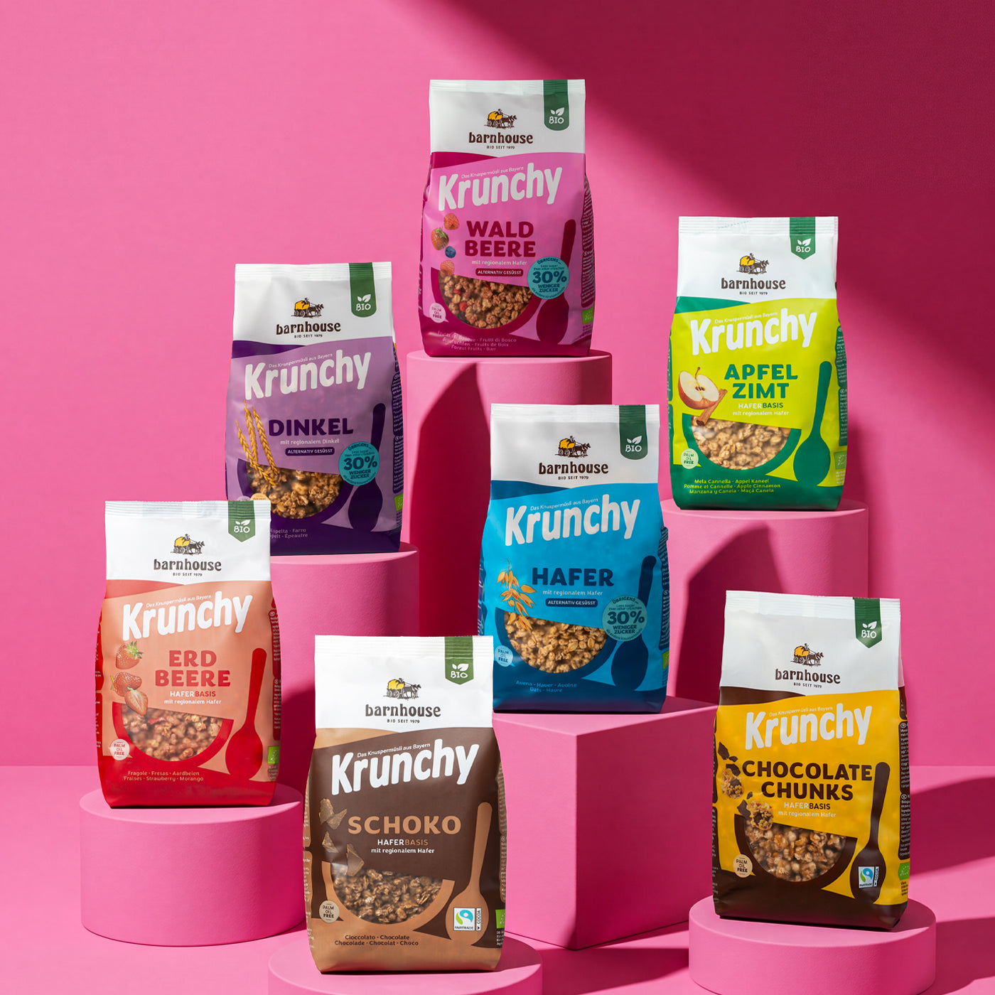 Bild von vorne auf alle Krunchys, die im Abo-Paket Family enthalten sind: Krunchy Schoko, Krunchy Hafer weniger Zucker,  Krunchy Dinkel weniger Zucker, Krunchy Erdbeere, Krunchy Waldbeere weniger Zucker, Krunchy Apfel-Zimt und Krunchy Chocolate Chunks. Hafer steht auf einem rosafarbenen, eckigen Sockel und alle weiteren Sorten auf rosafarbenen, runden Sockeln.