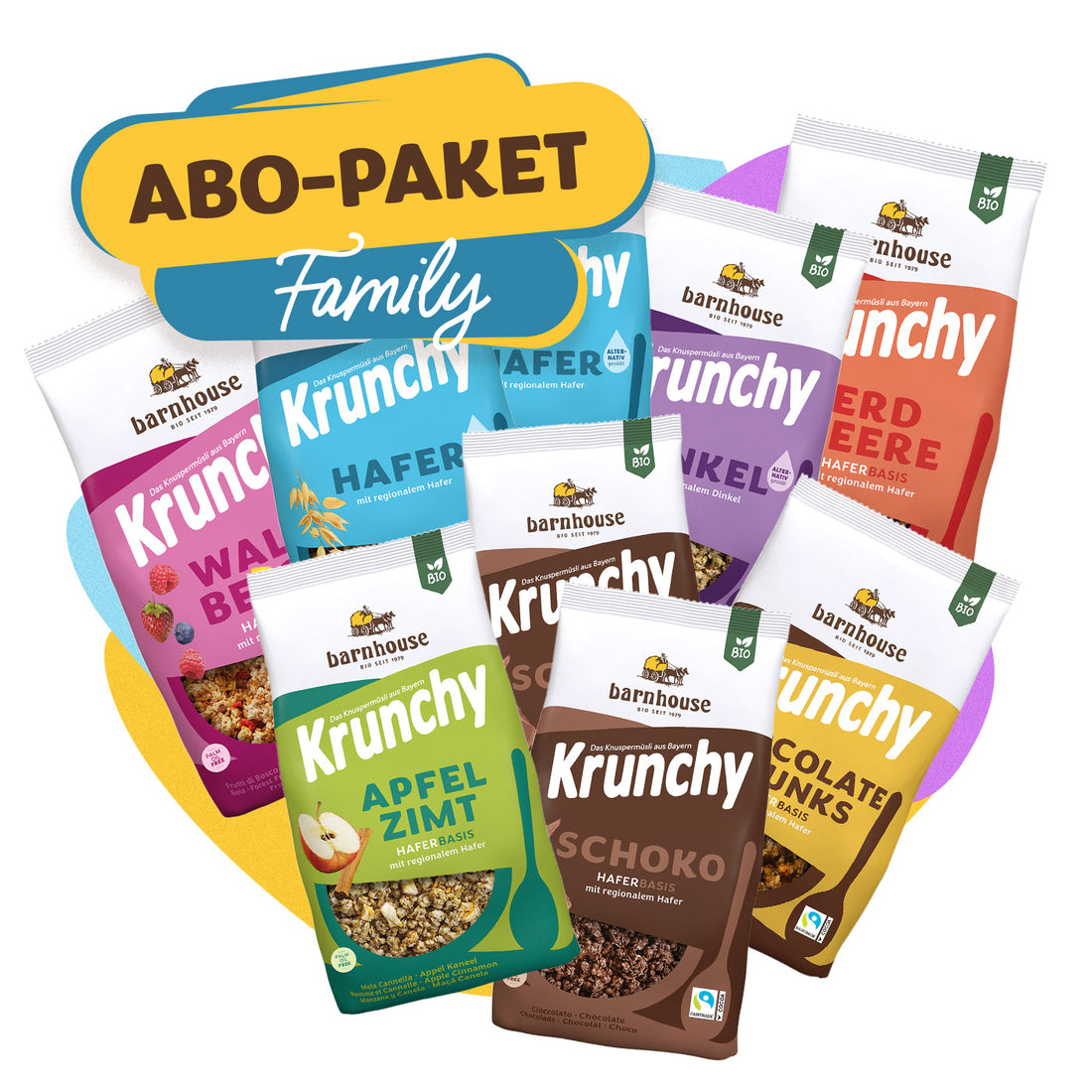 Bild mit allen Packshots der Krunchys, die im Abo-Paket Family enthalten sind: 2x Krunchy Hafer alternativ gesüßt 750g, 2x Krunchy Schoko 750g. 1x Krunchy Dinkel alt. gesüßt 750g, 1x Krunchy Waldbeere 750g, 1x Krunchy Erdbeere 700g, 1x Krunchy Apfel-Zimt 750g, 1x Krunchy Chocolate Chunks 500g