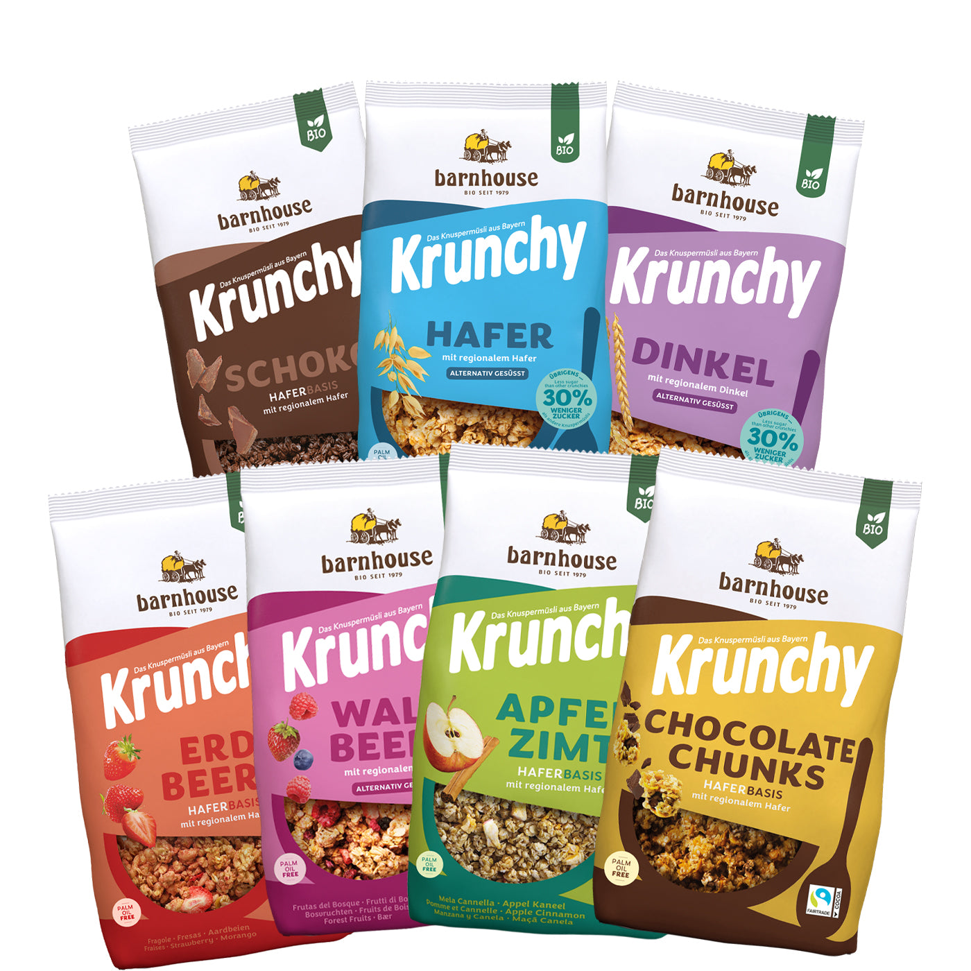 Bild mit allen Packshots der Krunchys, die im Abo-Paket Family enthalten sind: Krunchy Schoko, Krunchy Hafer weniger Zucker,  Krunchy Dinkel weniger Zucker, Krunchy Erdbeere, Krunchy Waldbeere weniger Zucker, Krunchy Apfel-Zimt und Krunchy Chocolate Chunks.