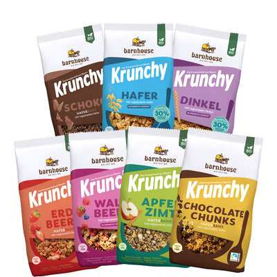 Bild mit allen Packshots der Krunchys, die im Abo-Paket Family enthalten sind: Krunchy Schoko, Krunchy Hafer weniger Zucker,  Krunchy Dinkel weniger Zucker, Krunchy Erdbeere, Krunchy Waldbeere weniger Zucker, Krunchy Apfel-Zimt und Krunchy Chocolate Chunks.