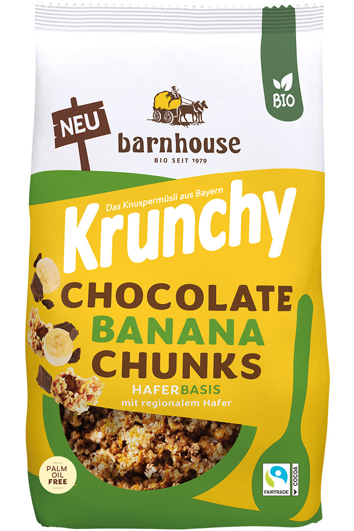 Packshot von Krunchy Chocolate Banana Chunks des Bio-Knuspermüsli-Herstellers Barnhouse