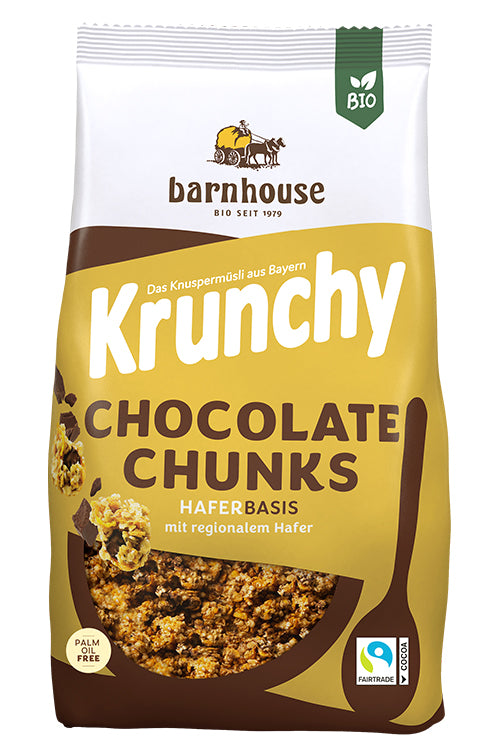 Packshot vom gelb-braunen Beutel Krunchy Chocolate Chunks von Bio-Knuspermüsli-Hersteller Barnhouse
