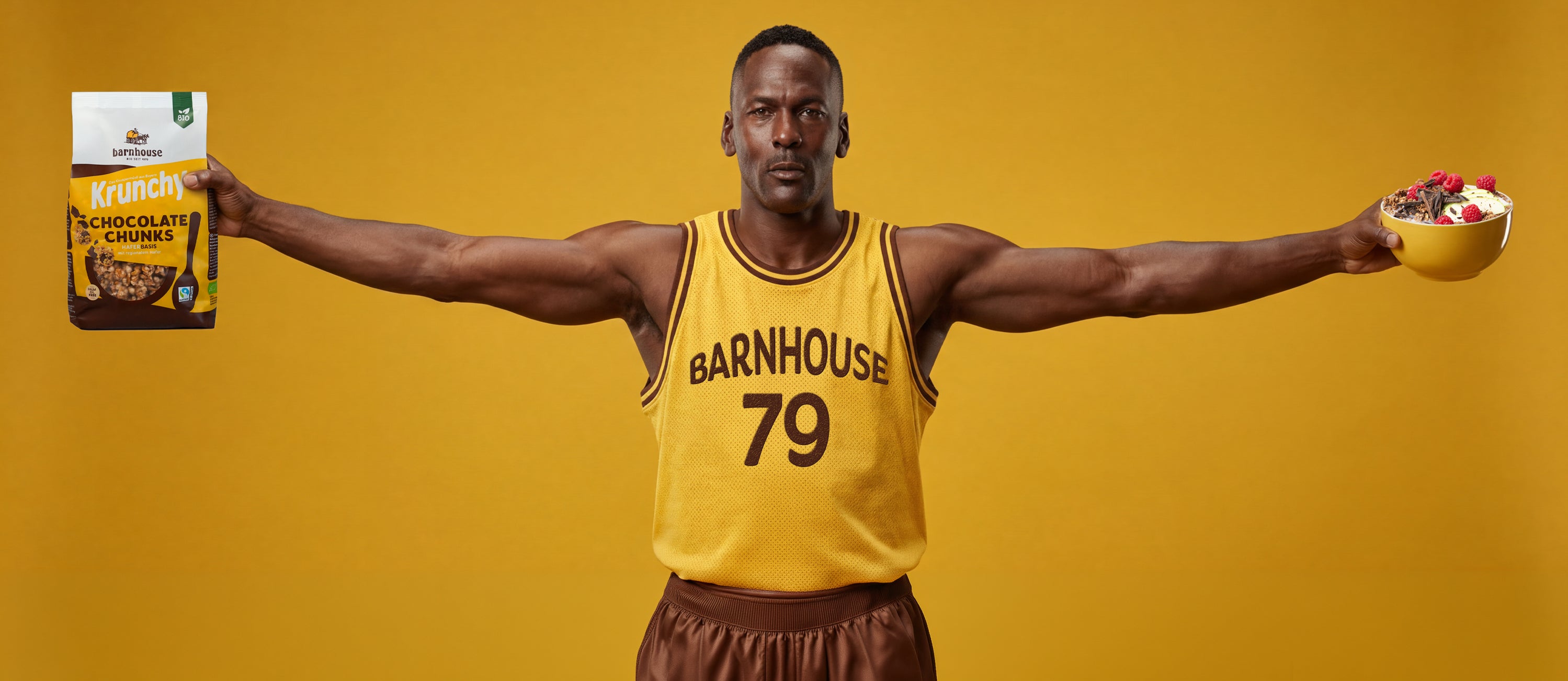 Basketballer mit gelbem Trikot mit der Aufschrift "Barnhouse 79". Seine Arme sind ausgestreckt. Mit der rechten Hand hält er einen Beutel Krunchy Chocolate Chunks, mit der linken eine Krunchy-Bowl mit Schokolade und Himbeeren.