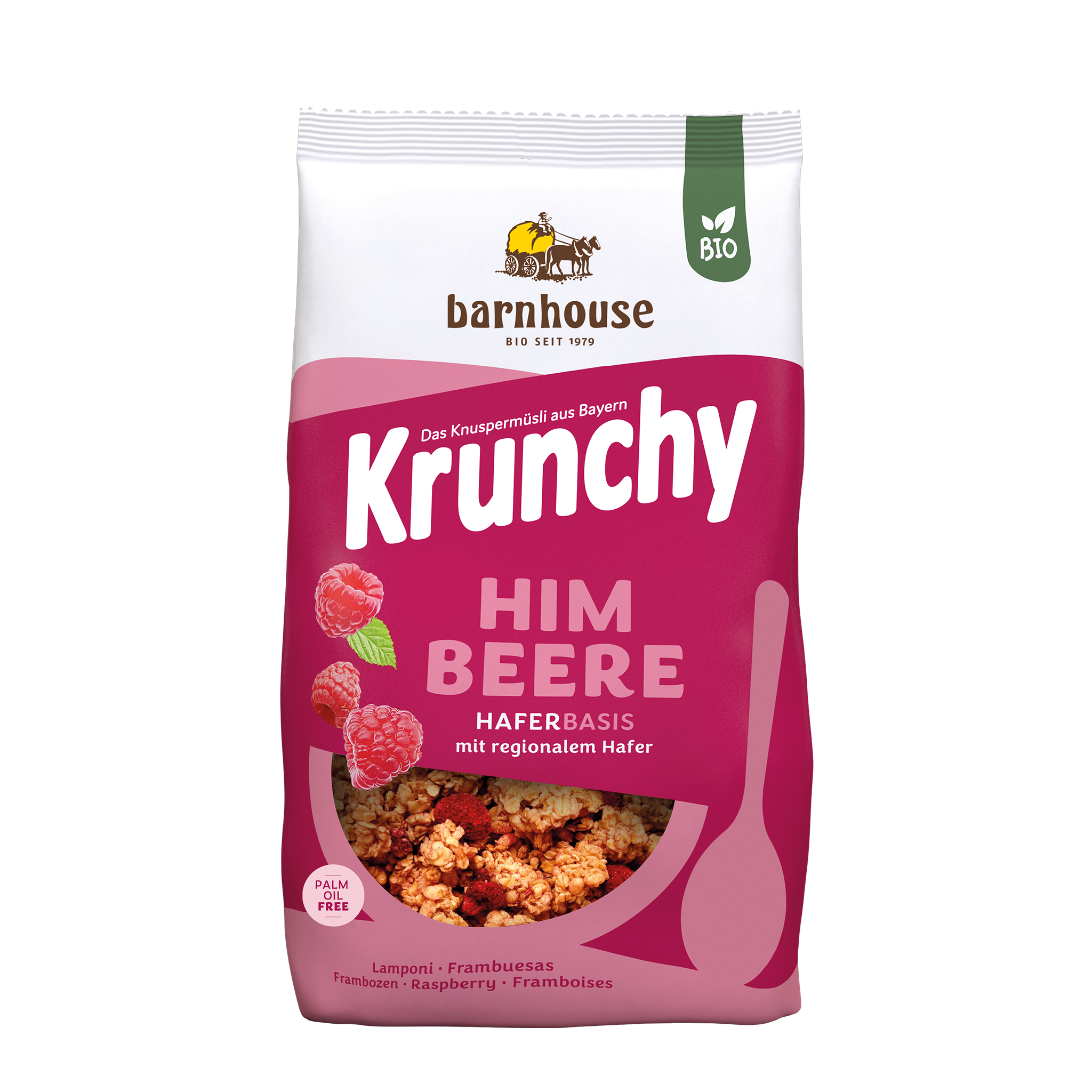 Packshot vom beerenfarbenen Beutel Krunchy Himbeere von Bio-Knuspermüsli-Hersteller Barnhouse