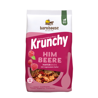 Packshot vom beerenfarbenen Beutel Krunchy Himbeere von Bio-Knuspermüsli-Hersteller Barnhouse
