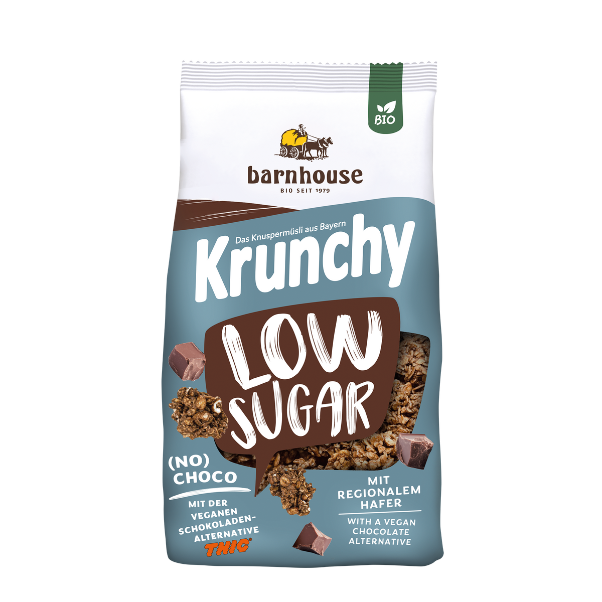 Packshot vom blau-braunen Beutel Krunchy Low Sugar (No) Choco von Bio-Knuspermüsli-Hersteller Barnhouse
