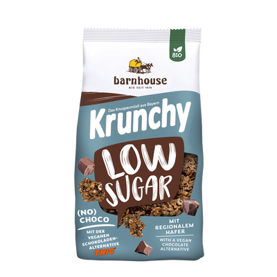 Packshot vom blau-braunen Beutel Krunchy Low Sugar (No) Choco von Bio-Knuspermüsli-Hersteller Barnhouse