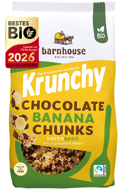 Packshot von Krunchy Chocolate Banana Chunks des Bio-Knuspermüsli-Herstellers Barnhouse mit dem Label &quot;Bestes Bio 2026&quot;