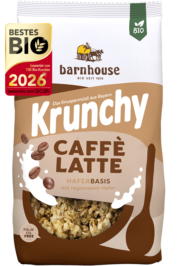 Packshot von Krunchy Caffè Latte des Bio-Knuspermüsli-Herstellers Barnhouse mit dem Label &quot;Bestes Bio 2026&quot;