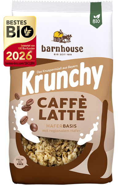 Packshot von Krunchy Caffè Latte des Bio-Knuspermüsli-Herstellers Barnhouse mit dem Label "Bestes Bio 2026"