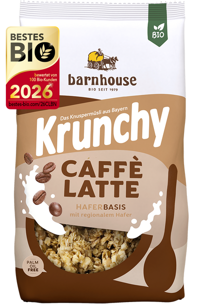 Packshot von Krunchy Caffè Latte des Bio-Knuspermüsli-Herstellers Barnhouse mit dem Label &quot;Bestes Bio 2026&quot;