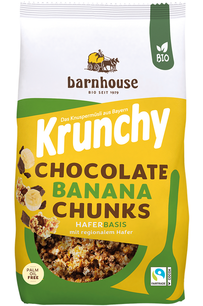 Packshot von Krunchy Chocolate Banana Chunks des Bio-Knuspermüsli-Herstellers Barnhouse