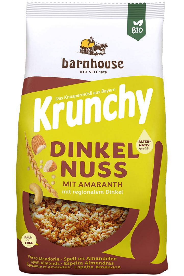 Packshot von Krunchy Dinkel-Nuss mit Amaranth des Bio-Knuspermüsli-Herstellers Barnhouse
