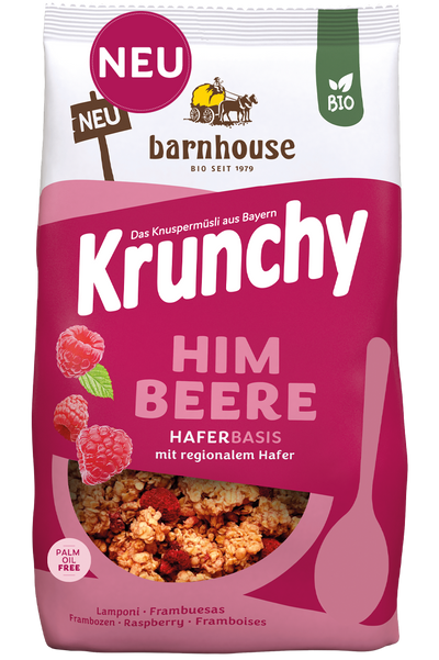 Packshot vom beerenfarbenen Beutel Krunchy Himbeere von Bio-Knuspermüsli-Hersteller Barnhouse mit Neu-Button