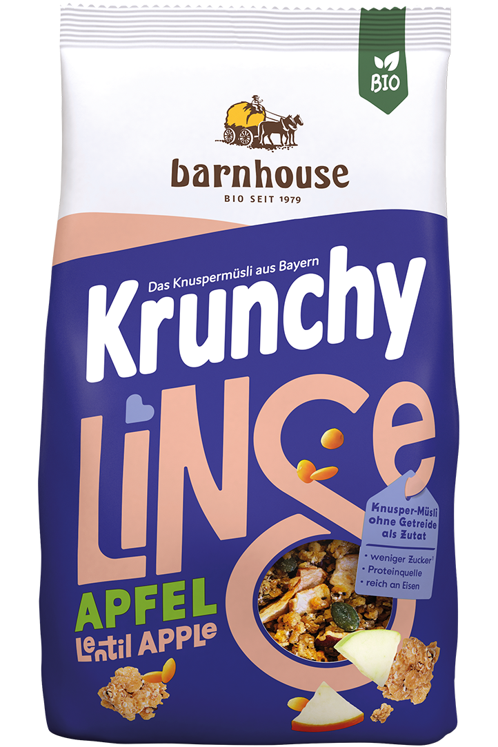 Packshot von Krunchy Linse mit Apfel des Bio-Knuspermüsli-Herstellers Barnhouse