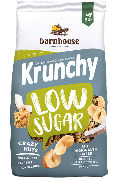 Packshot von Krunchy Low Sugar Crazy Nuts des Bio-Knuspermüsli-Herstellers Barnhouse